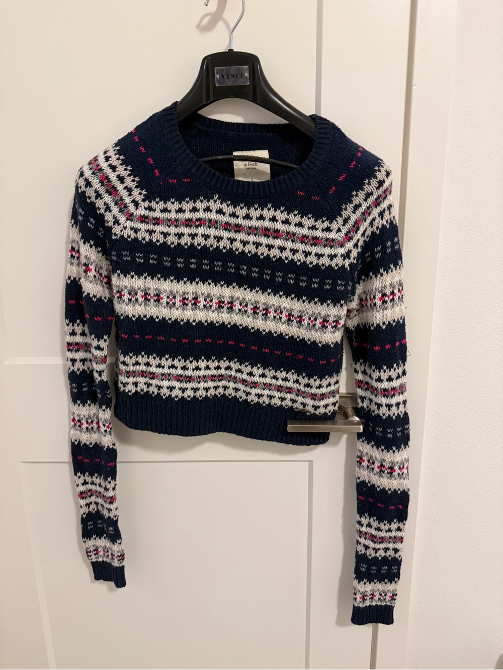 Abercrombie & Fitch Navy Fair Isle Crewneck Sweater with Pink Accents